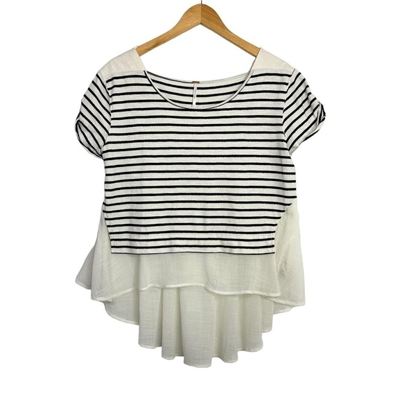 Free People Women French Kiss Mixed Media Top Medium Stripe Blue White High Low - Picture 1 of 9